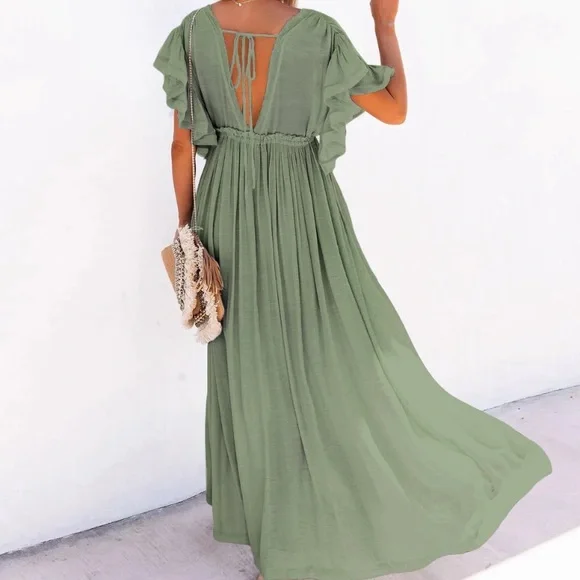 SOLD OUT Sage Green Gauze Boho Button Maxi Dress - Picture 4 of 4